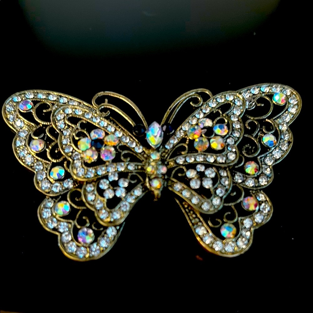 Vintage borealis, rhinestone, butterfly brooch, gold tone